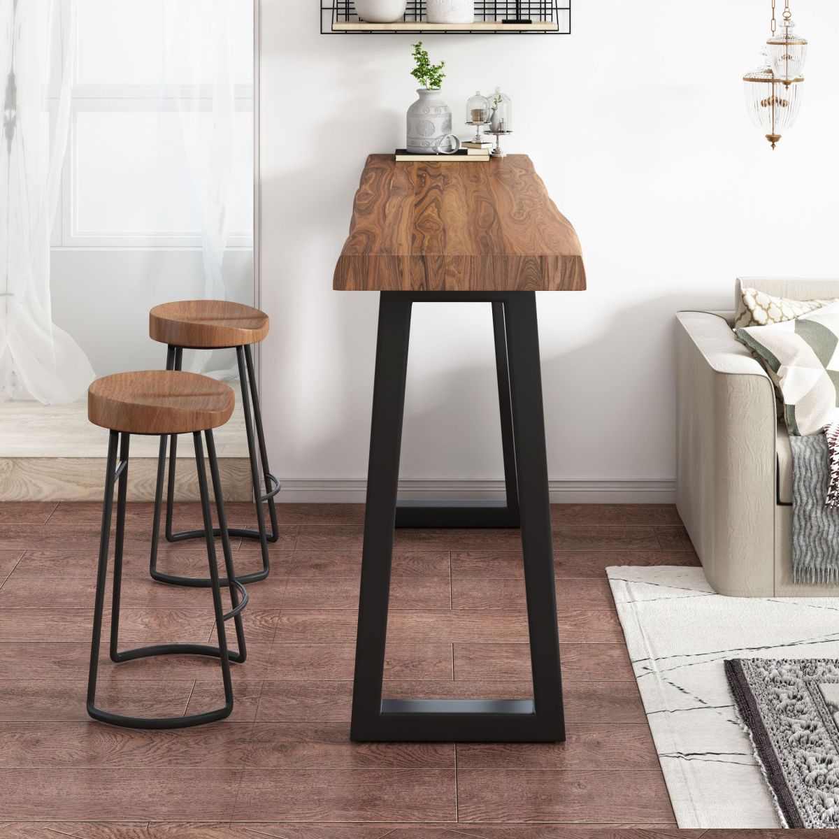 Modern Rectangle Counter Set 1/3 Pieces Solid Wood Counter Table with Backless Stools