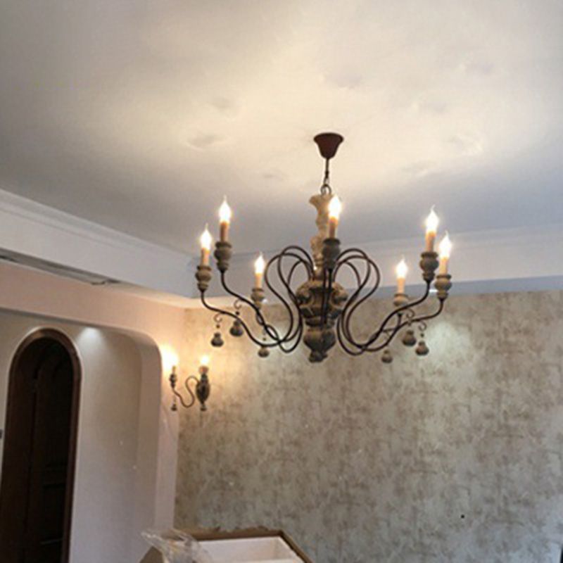 Grey Candle Pendant Lighting Antique Style Wooden Dining Room Chandelier