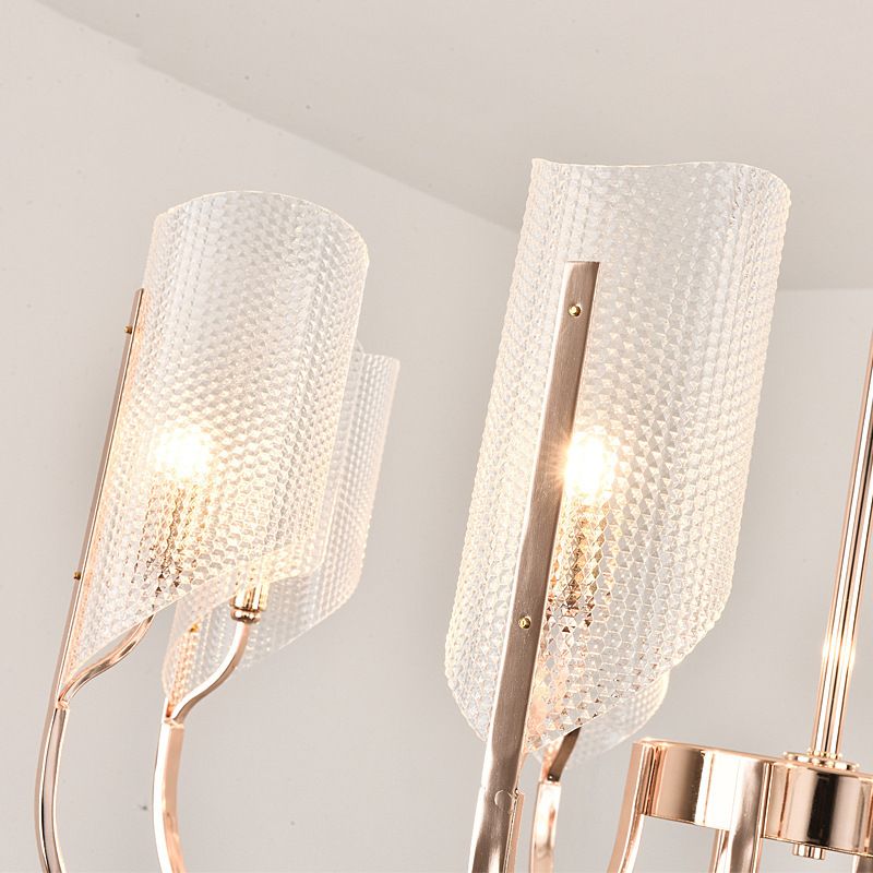 Araña de araña de estilo posmoderno de oro rosa con textura de diamante de brazo de ángulo ajuste de iluminación de sombra acrílica para sala de estar