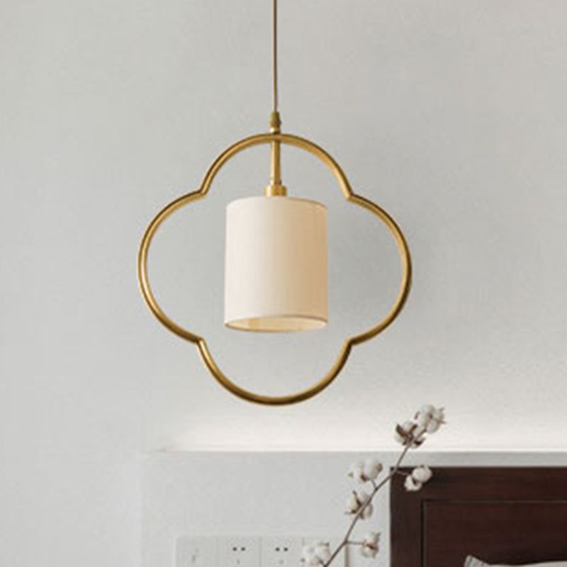 Gold Cylinder Pendant Ceiling Light Traditional Fabric 1 Light Living Room Hanging Lamp with Ring