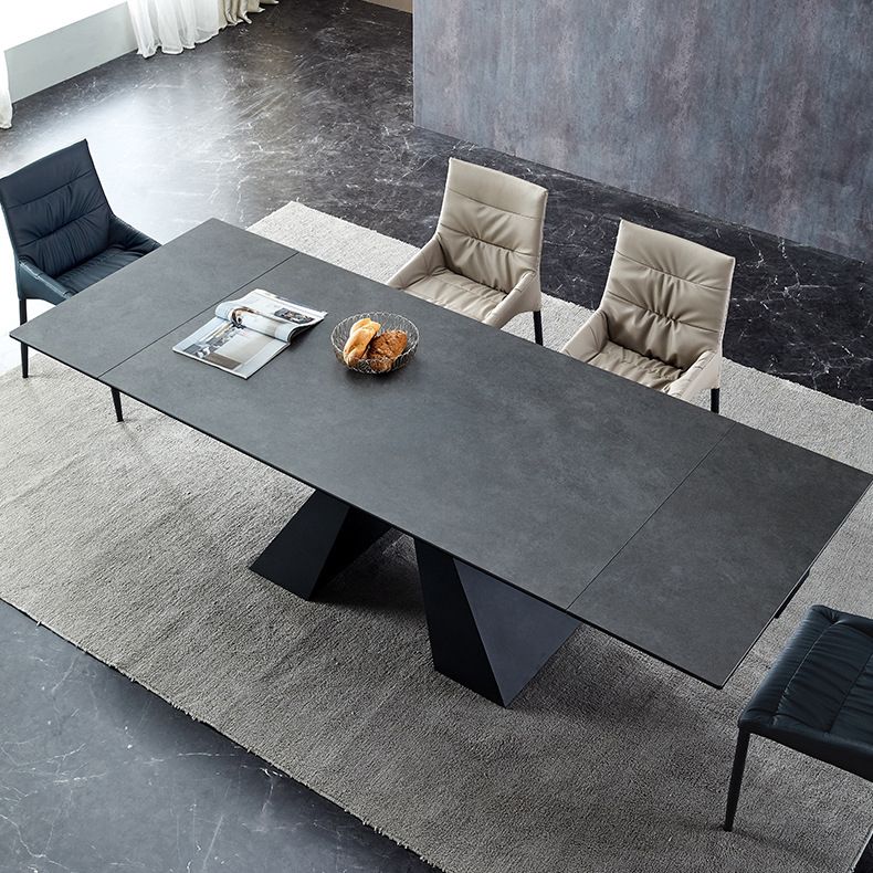 Rectangle Traditional Luxury Dining Table Grey Sintered Stone Table with Black Double Pedestal