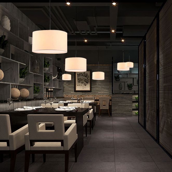 Restaurant Hanging Lamp Fixture Modern Minimalist Pendant Light with Drum Fabric Shade
