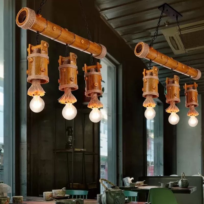 Countryside Chinois Bodet Pendant lampe 3-BULB BAMBO ISLAND LIGHTSURS AVEC ACCENTEMENT DE CORDE EN BRAUNE