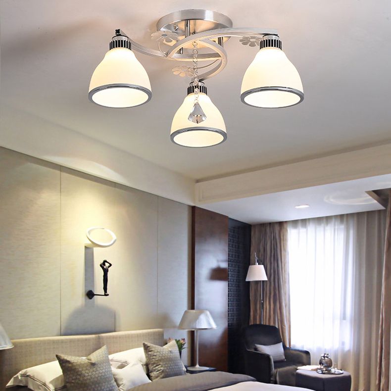 Chrome Shaded Ceiling Flush Light Minimalist Opal Glass Semi Flush Mount Fixture with Diamond Crystal