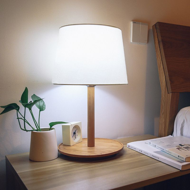 Minimalism Tapered Shade Nightstand Light Fabric 1-Light Bedroom Table Lighting in Wood