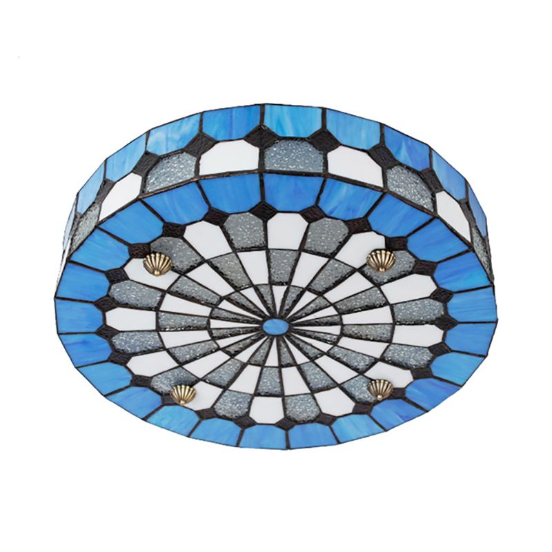 16"/23.5" W Round Ceiling Light Fixture Tiffany Style Stained Glass 3/4 Lights Flushmount Light in Blue for Living Room