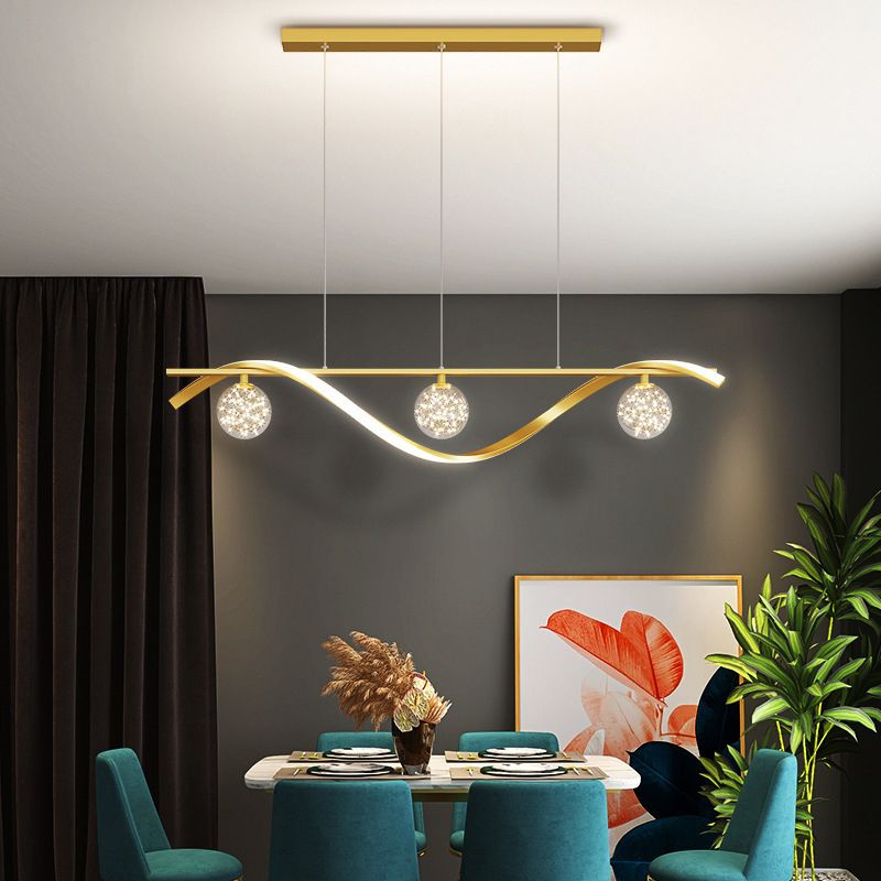 Modern LED Linear Ceiling Pendant in Black / Gold Metal and Glass Kitchen Island Light