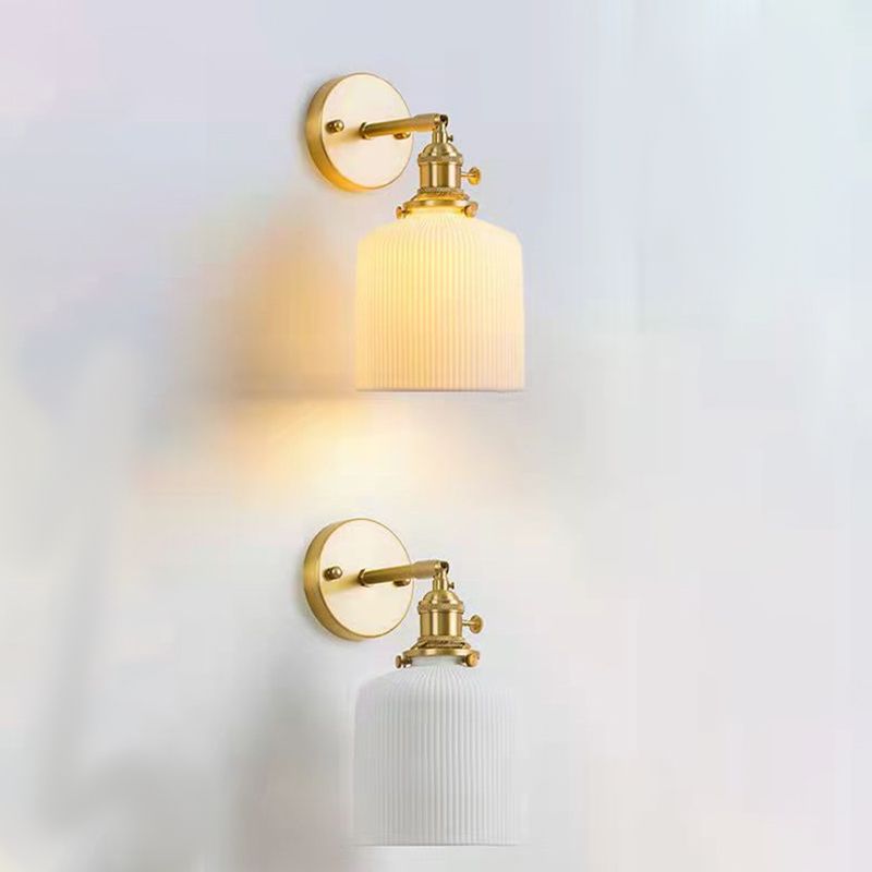 Modern Metal Wall Sconce Cylinder Shape Vanity Lamp with Ceramic Shade for Bathroom