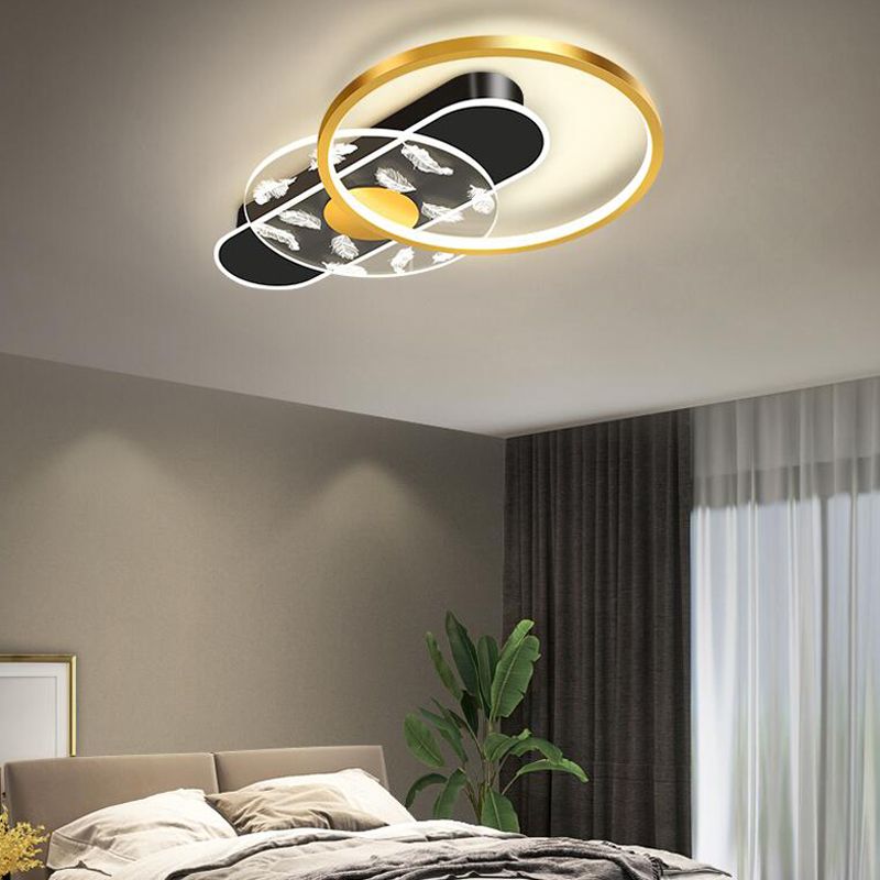 Black and Gold LED Semi Flush Mount in Modern Concise Style Circular Feather Ceiling Light with Acrylic Shade
