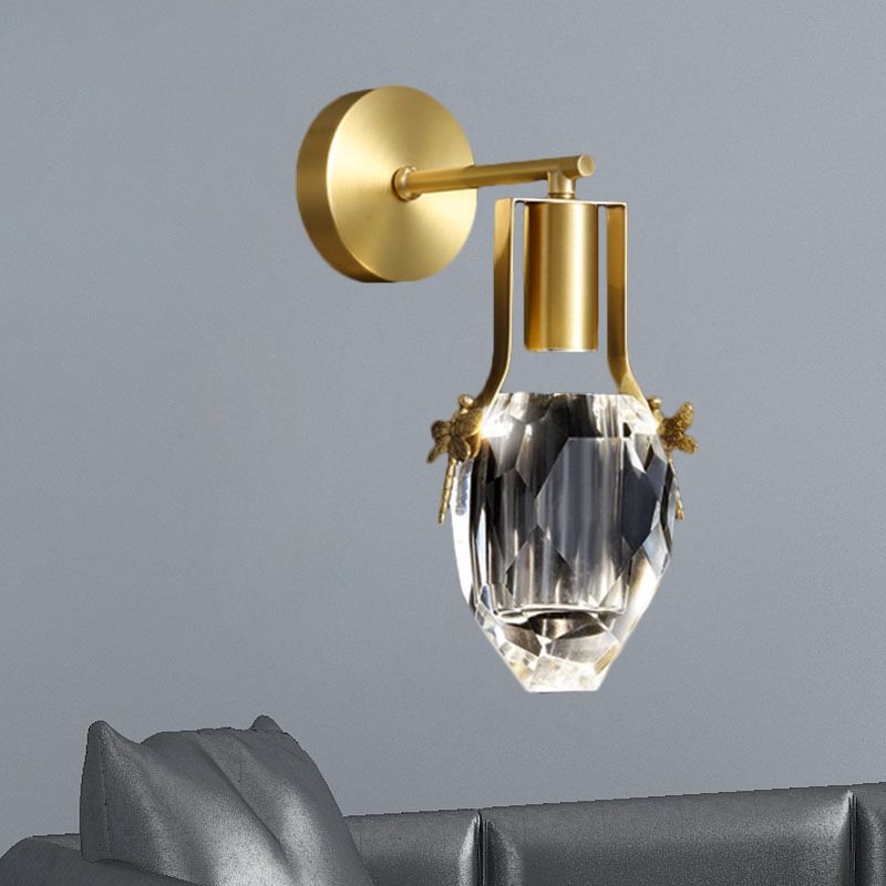 Lámpara de pared LED Moderna de lluvia moderna Luz de pared de cristal biselada transparente en oro con diseño de libélulas de metal