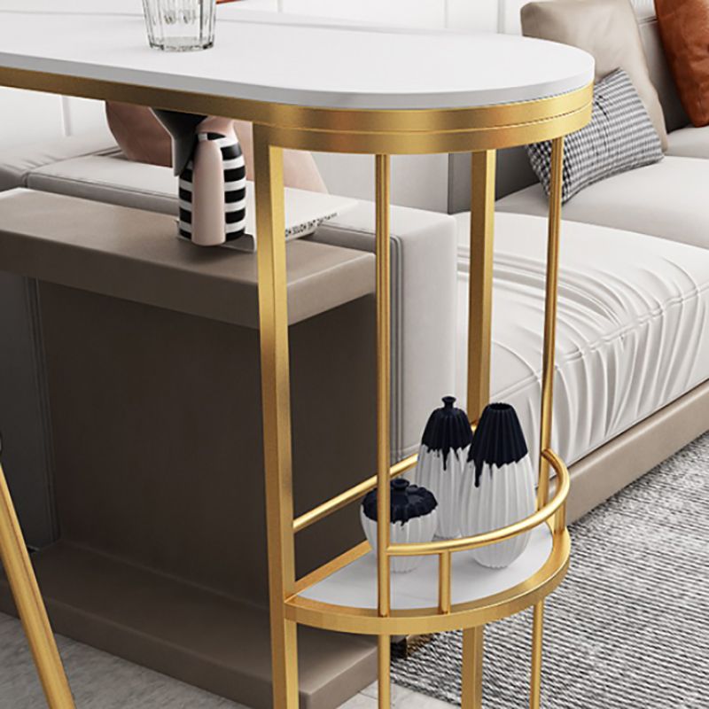 White Stone Glam Indoor Bar Dining Table Iron Double Pedestal Bistro Table with Wine Rack