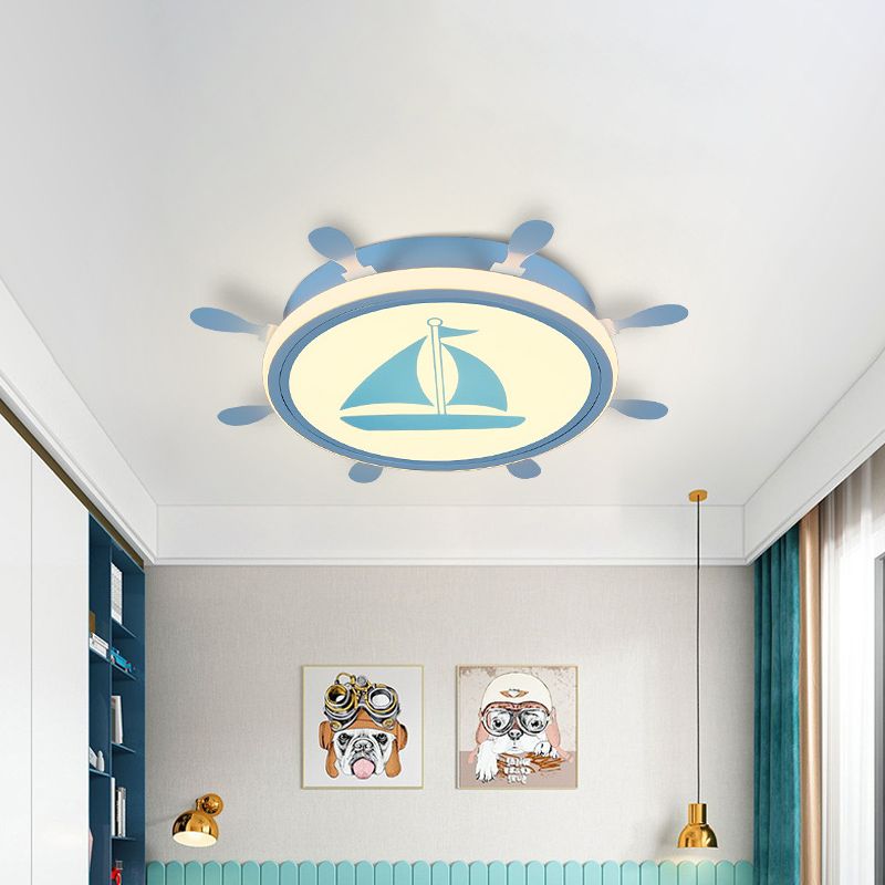 Rudder Flush-Mount Light Fixture Mediterranean Acrylic LED Bedroom Flushmount with Sailboat Pattern in Blue/White, 18"/21.5" W