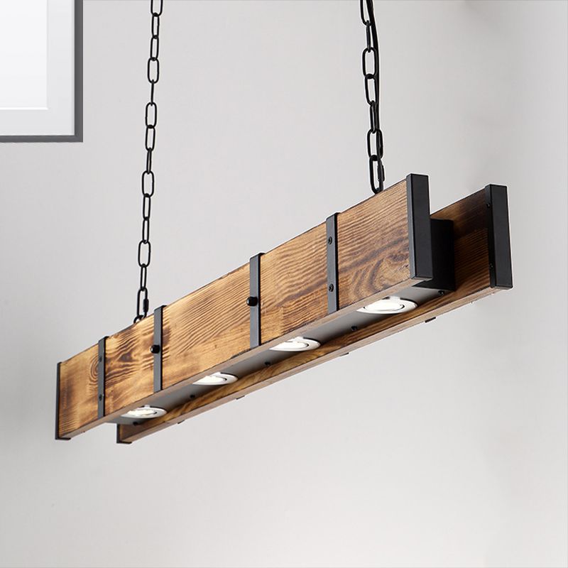 Rectangular Wooden Island Ceiling Light Industrial 4 Lights Brown Island Lamp with Metal Chain