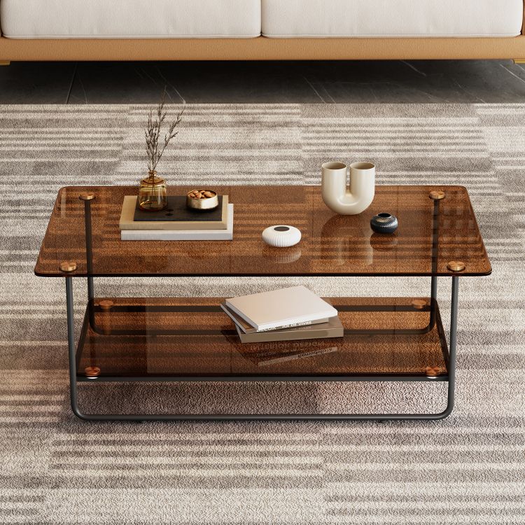 Modern Rectangle Glass Coffee Table 17.7"H Metal Sled Base Cocktail Table