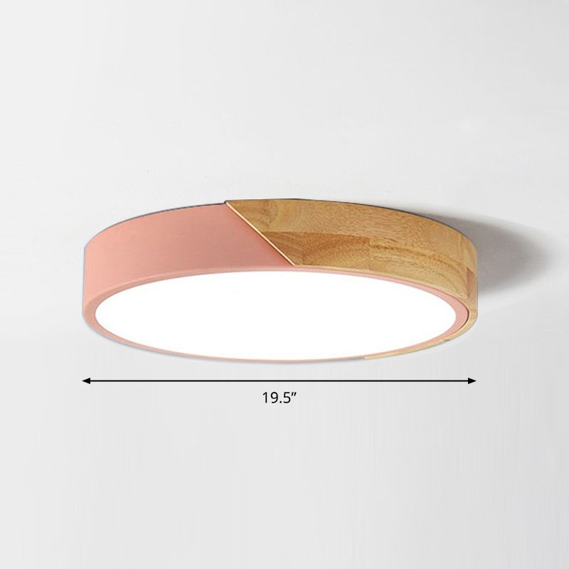Macaron Ceiling Lighting Round LED Flush Mounted Lamp with Acrylic Shade and Wood Decoration