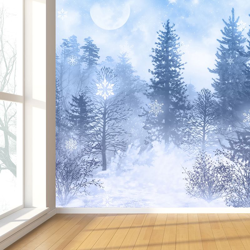 Mysterious Forest Scene Mural Wallpaper for Dining Room, Blue, Custom Size Available