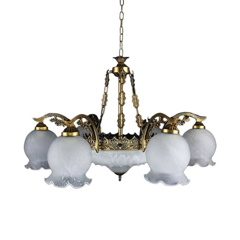 9 Lights Half-Bloom Ceiling Chandelier Rustic Brass White Glass Hanging Pendant Light