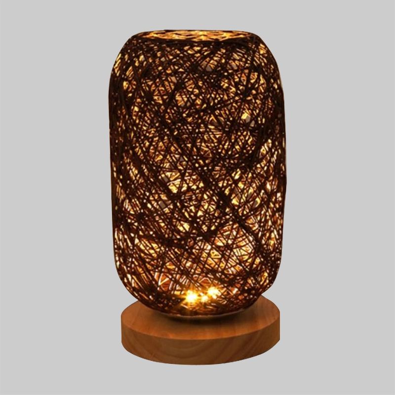 Bamboo Rattan Capsule Night Table Light Modern Asia 1-Light Beige/Coffee Nightstand Lamp