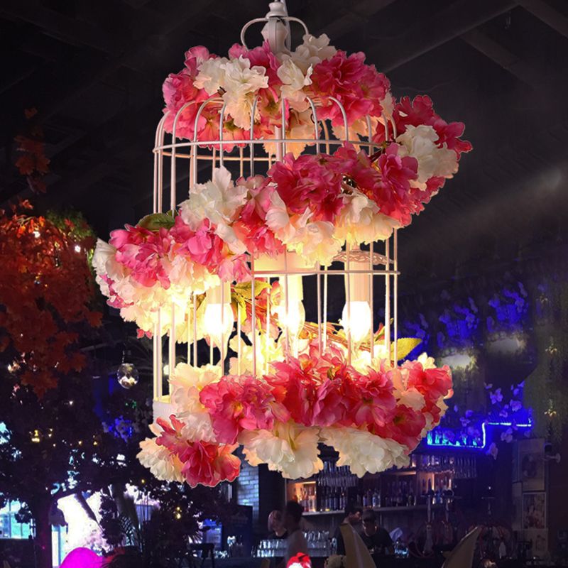 Antique Birdcage Ceiling Chandelier 3 Bulbs Metal Flower Drop Lamp in Rose Red for Restaurant
