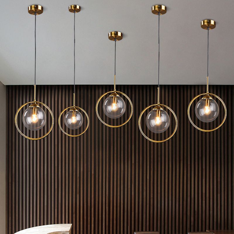 Mid-Century Design Globe Hanging Lamp Glass Shade with Metal Ring For Bedroom