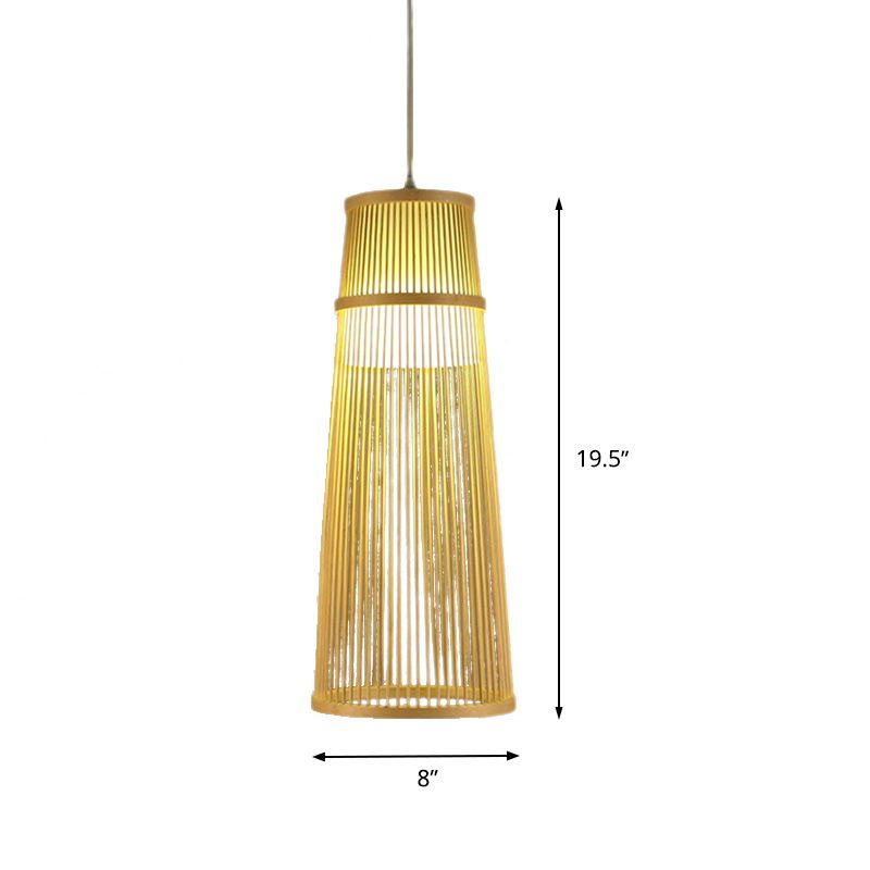 Beige Conical Drop Lamp Asian Style Single Bulb Bamboo Hanging Ceiling Light for Living Room
