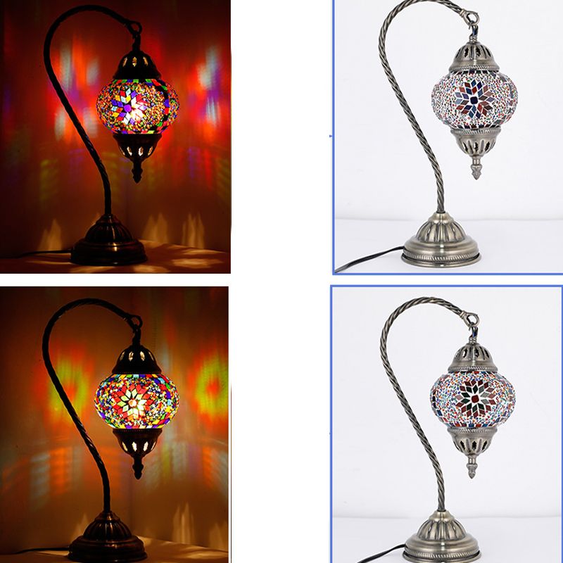 Asian Lantern Nightstand Light 1 Bulb Hand Cut Glass Night Lamp with Gooseneck Arm for Drawing Room