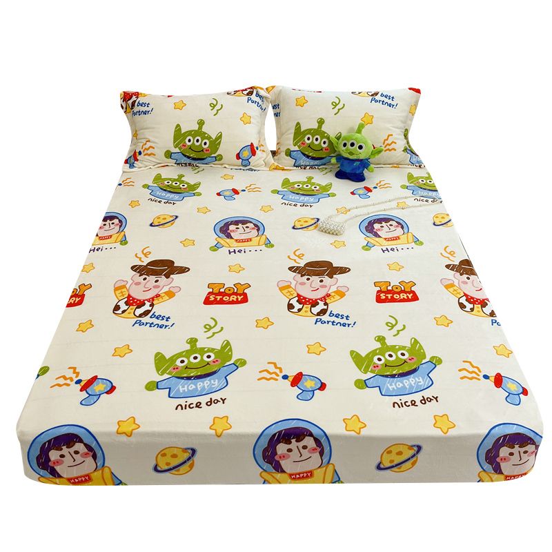 Modern Bed Sheet Set Cartoon Print Flannel Fitted Sheet for Bedroom
