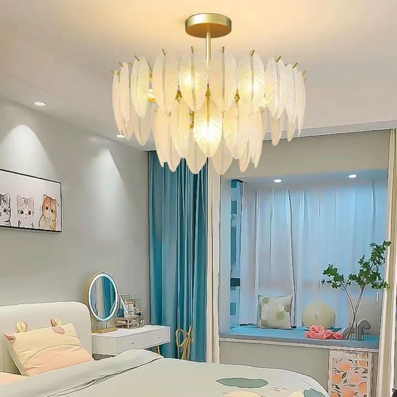 Gold Modern Metal Ceiling Light Feather Shape Island Lamp with Glass Shade for Living Room