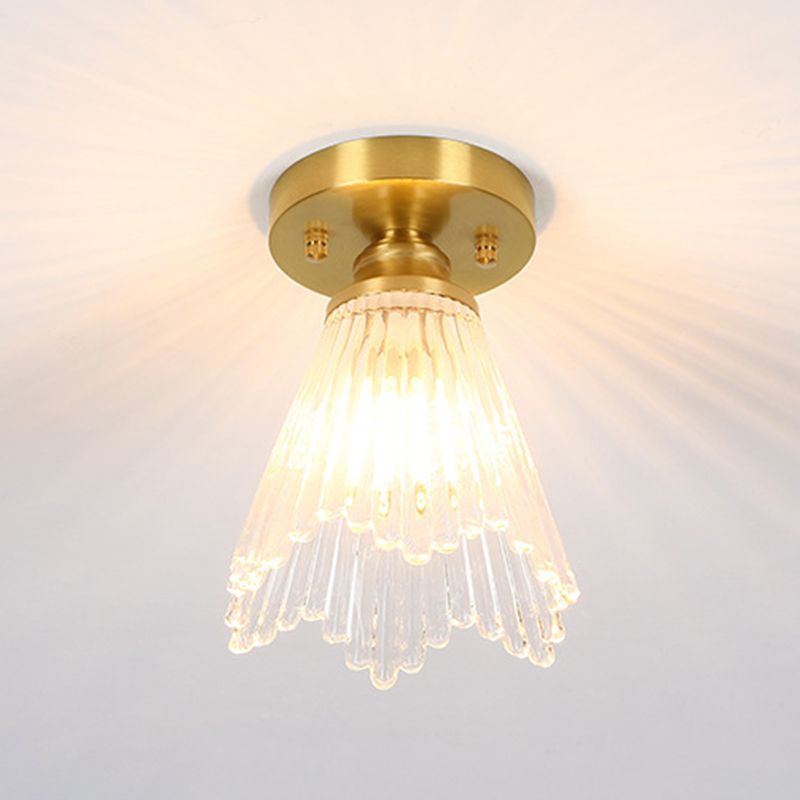 Small Foyer Ceiling Mounted Lamp Textured Glass 1-Bulb Minimalist Semi Flush Light in Brass