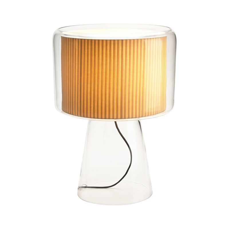Clear Glass Fungus Plug-In Night Lamp Modernist Single White/Beige Table Light with Gathered Fabric Shade Inside