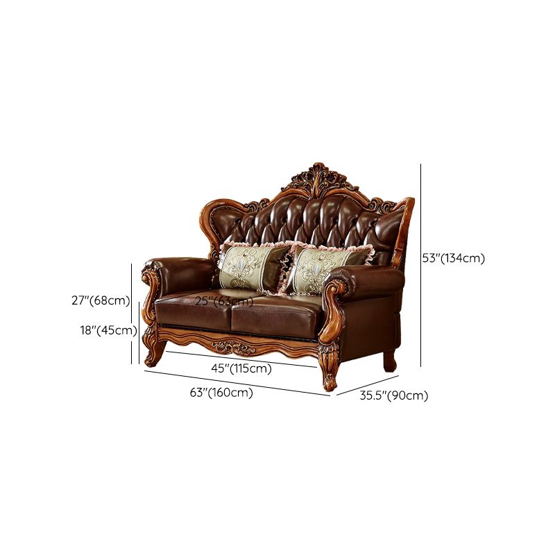 Ornate Traditional Tufted Split-Back Seating Flared Arm Sofa with Pillows in Brown