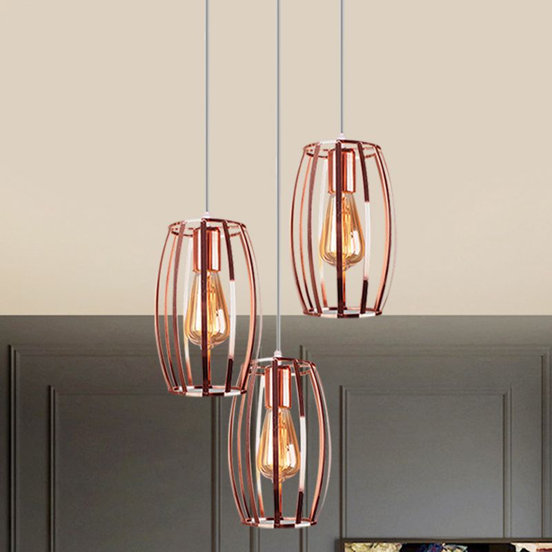 Eisenkupfer Hanging Lampe Ovaler Käfig Schatten 3 Lampen Industrielle stilvolle Deckenbehandlung mit runden/linearen Baldachin für Schlafzimmer