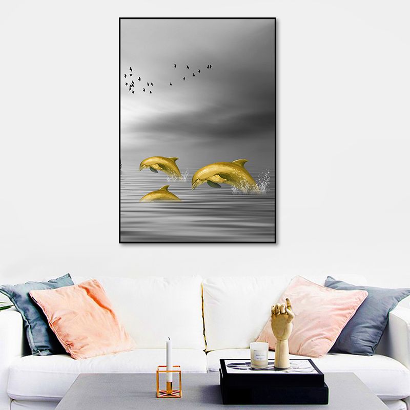 Glam Wall Art Gold Dolphin Jumping out of Sea Water Wrapped Canvas for Home