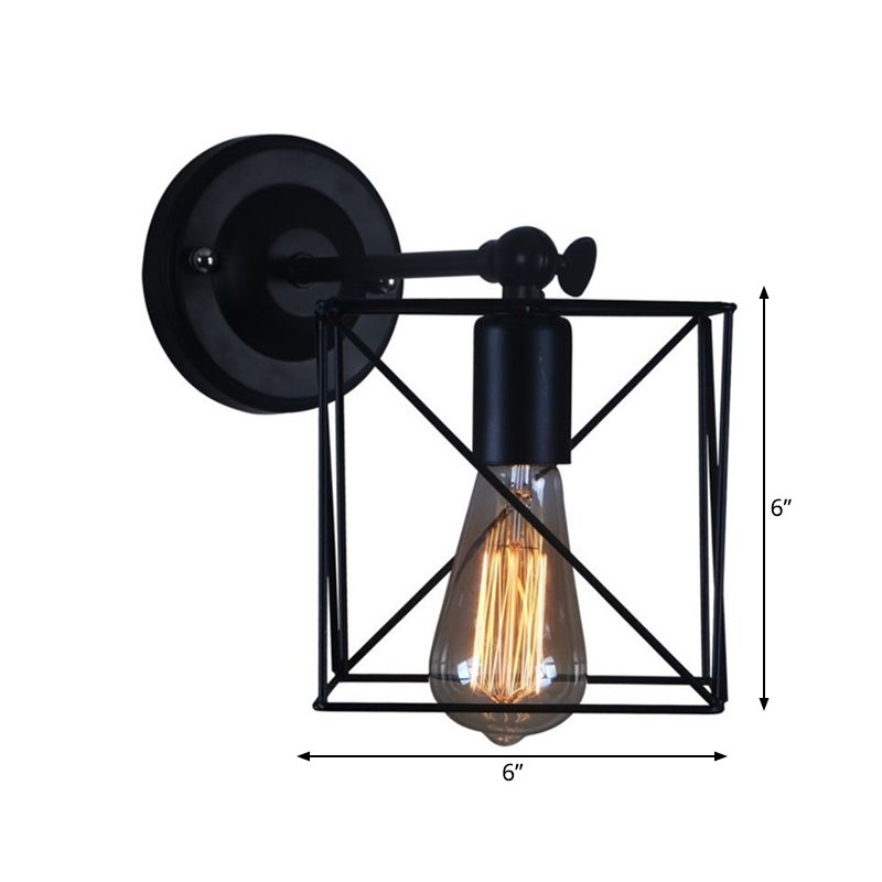 1 Head Metal Wall Lighting Antique Style Black Squared Cage Shade Bedroom Wall Mounted Lamp