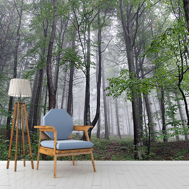 Green Forest Mural Wallpaper Water Resistant Wall Covering for Reading Room
