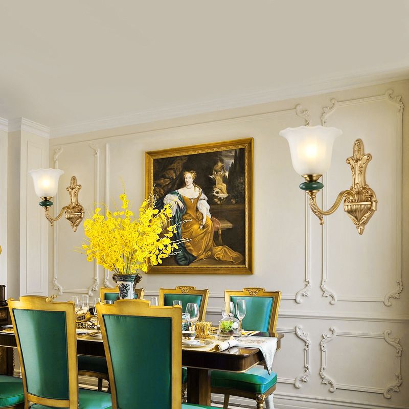 1/2-Head Bell Wall Light Sconce Vintage Style Opal Glass Wall Mount Lamp with Golden Curved Arm for Bedside