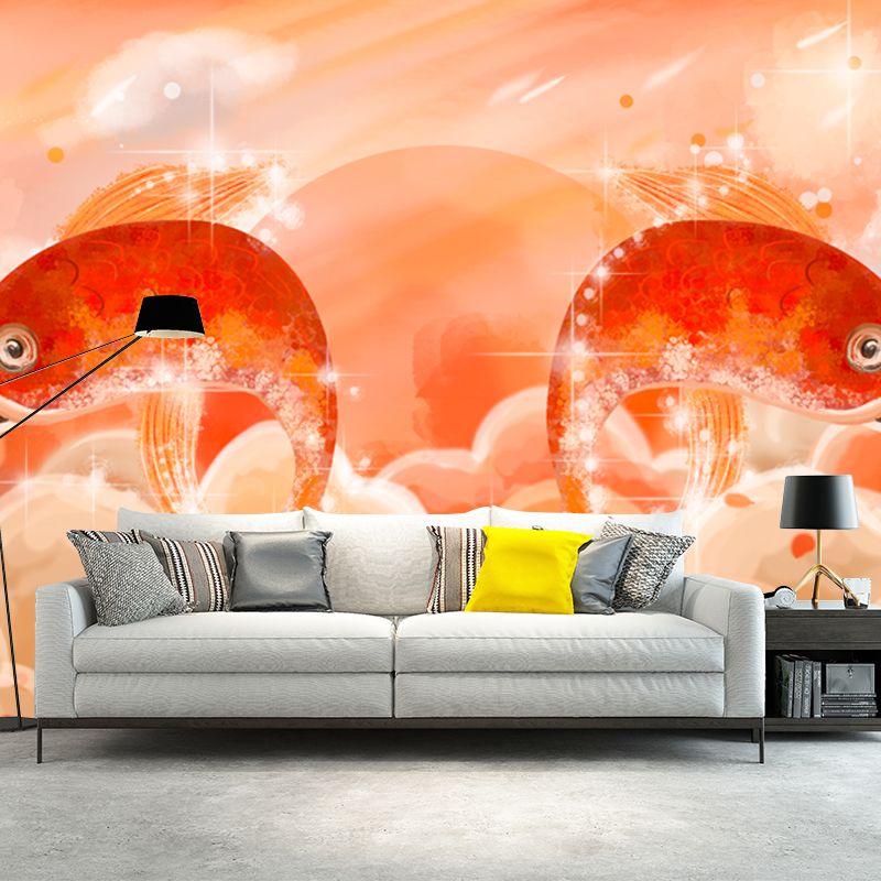 Orange Carp Leap Wall Mural Moisture Resistant Chinese Living Room Wall Covering