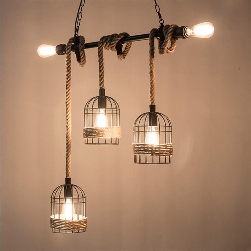 Birdcage Rope Island Ceiling Light Rustic 5-Light Dining Room Pendant Lighting in Black