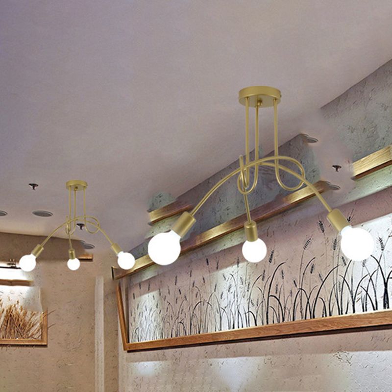 Black Winding Bend Tube Ceiling Lighting Fixture Retro Industrial Style Open Bulb Metal Flush-mount Light