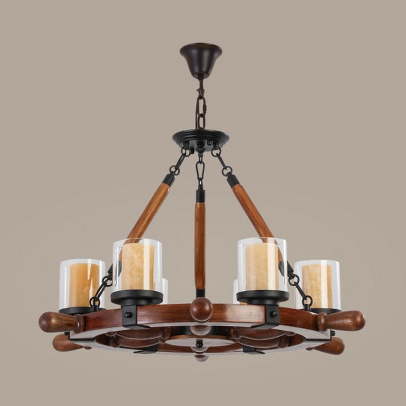 Marble/Clear Glass Brown Chandelier Cylinder 6/8 Lights Traditional Rope Pendant Lamp with Wood Rudder Design
