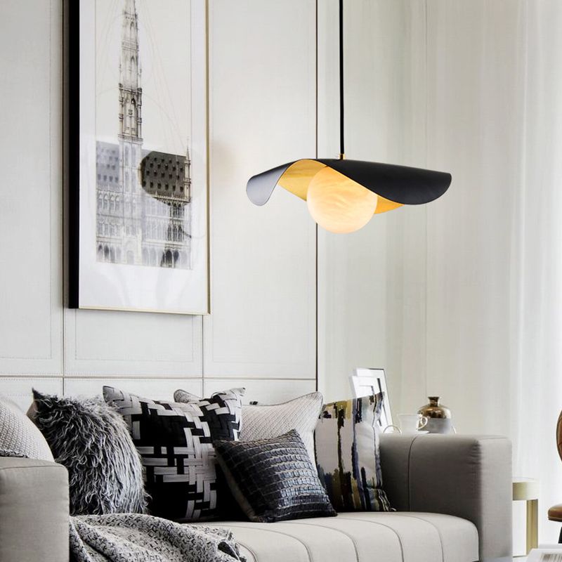 Black and Gold Inner Ruffle Pendant Postmodern 1 Bulb Faux Marble Hanging Light with Ball Glass Shade