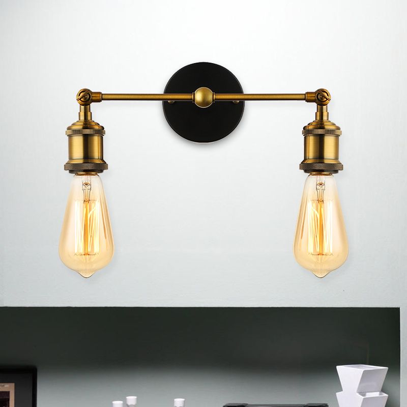 2 Lights Exposed Sconce Light with Bare Bulb Industrial Brass Finish Metal Wall Light Fixture for Coffee Shop