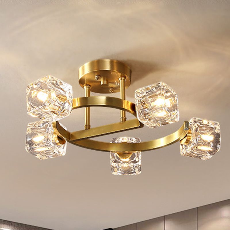 Cubic Clear Crystal Shade Deckenleuchte Contemporary 5/7 Heads Bedkammer Semi Flush Light in Gold
