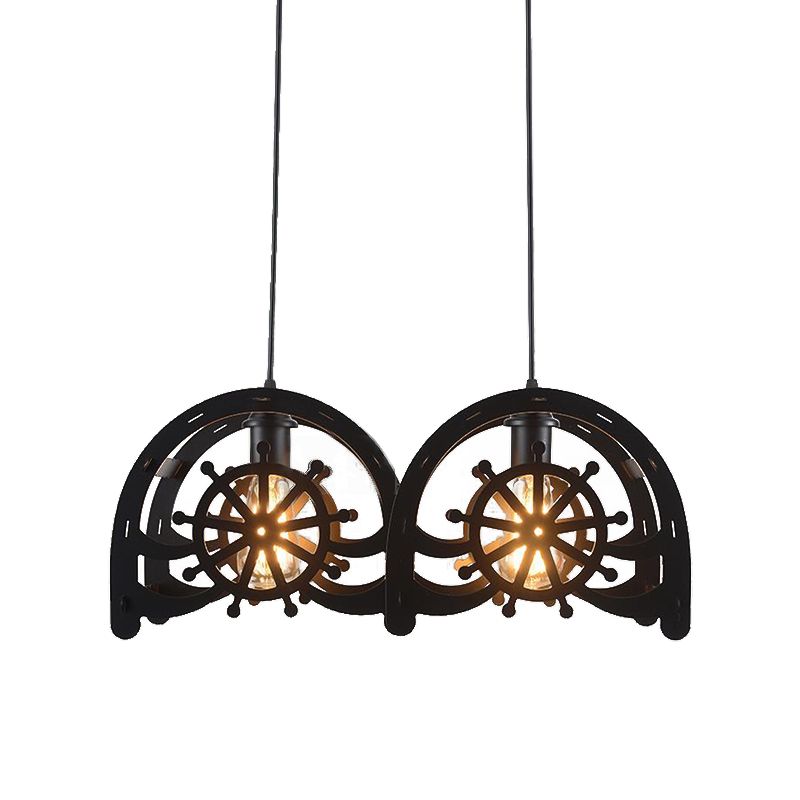 Metal Black Pendant Lamp Wheel Shade 2/3-Light Vintage Chandelier Light Fixture for Living Room