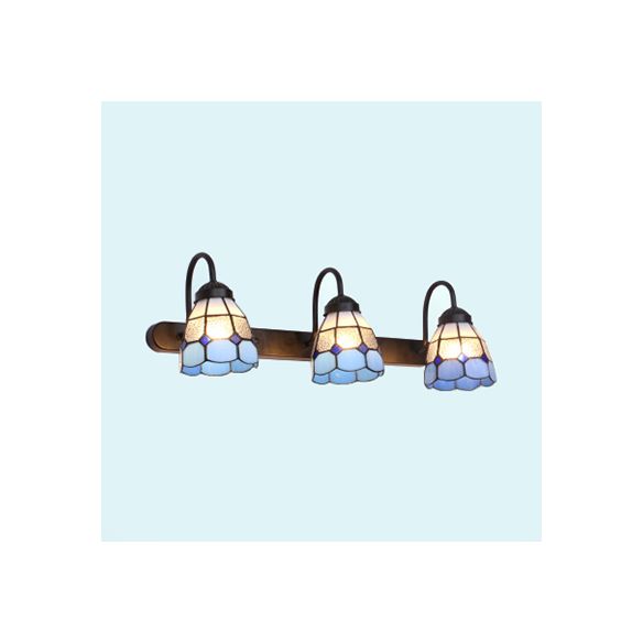 Grid Patterned Vanity Lighting Tiffany Blue/Yellow Glass 3 Heads Antique Brass Wall Mounted Light