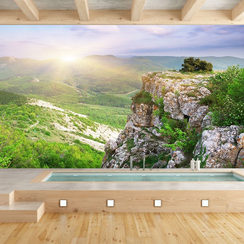 Large Mountain Peak Landscape Mural Blue-Green Non-Woven Wall Art, Washable, Custom Print