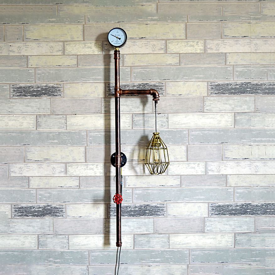 Piping Restaurant Wall Sconce Lamp Warehouse Metallic 1 Light Antique Brass Wall Light with Wire Guard and Gauge