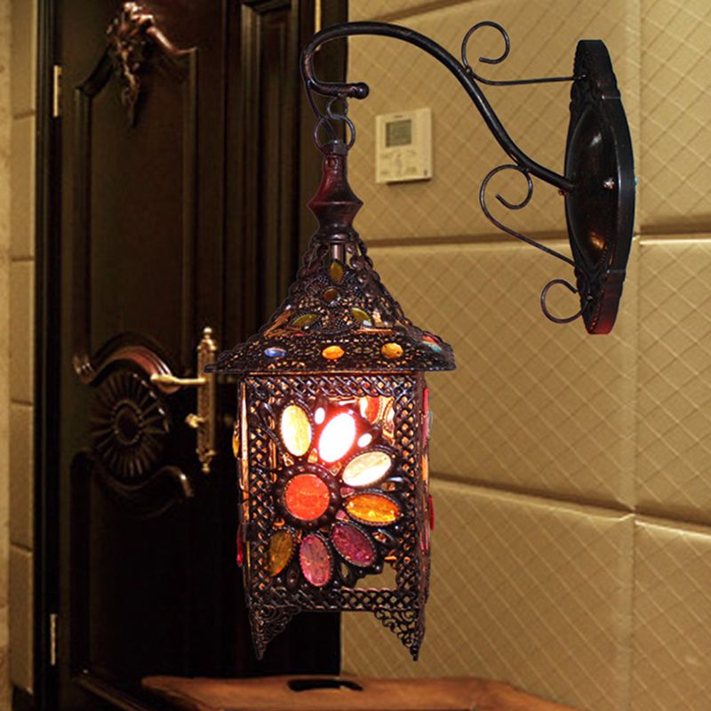 Lantern Bedroom Sconce Wall Light Bohemian Metal 1 Bulb Brass/Black Wall Lighting Fixture