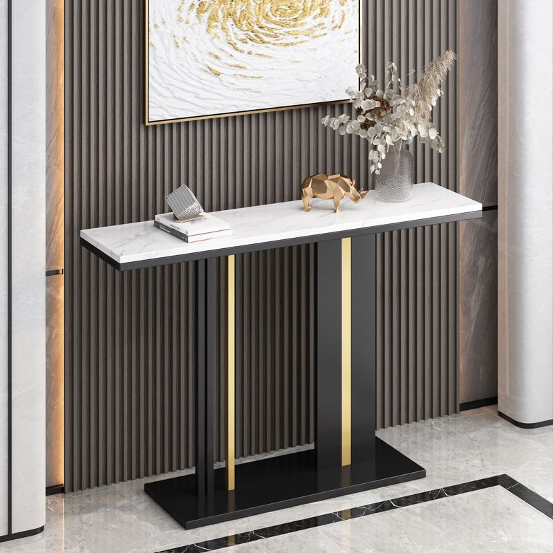 Glam Style Console Table with Stone Top and Pedestal Base for Hall
