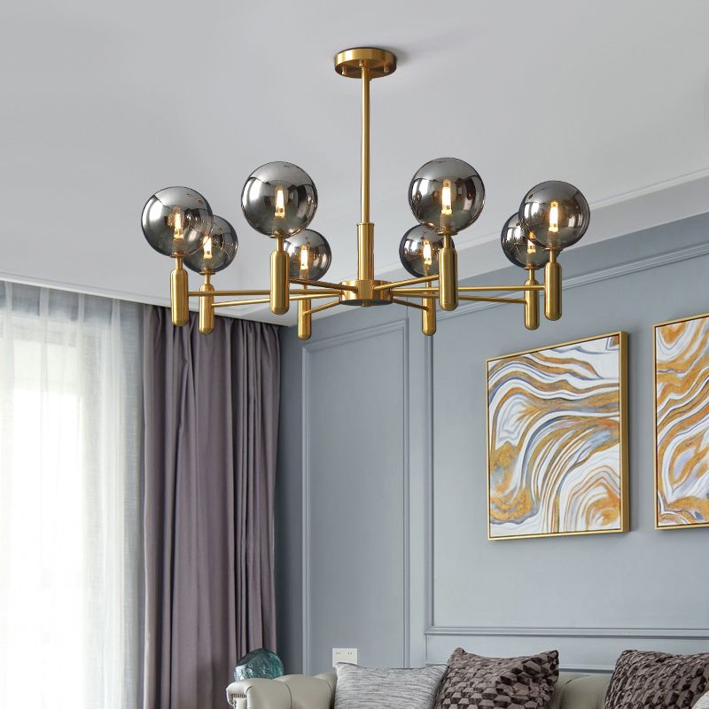 Soggiorno a sospensione Light Light Postmodern Brass lampadario con tonalità in vetro a sfera